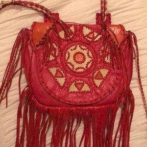 Boho embroidered leather purse with fringe